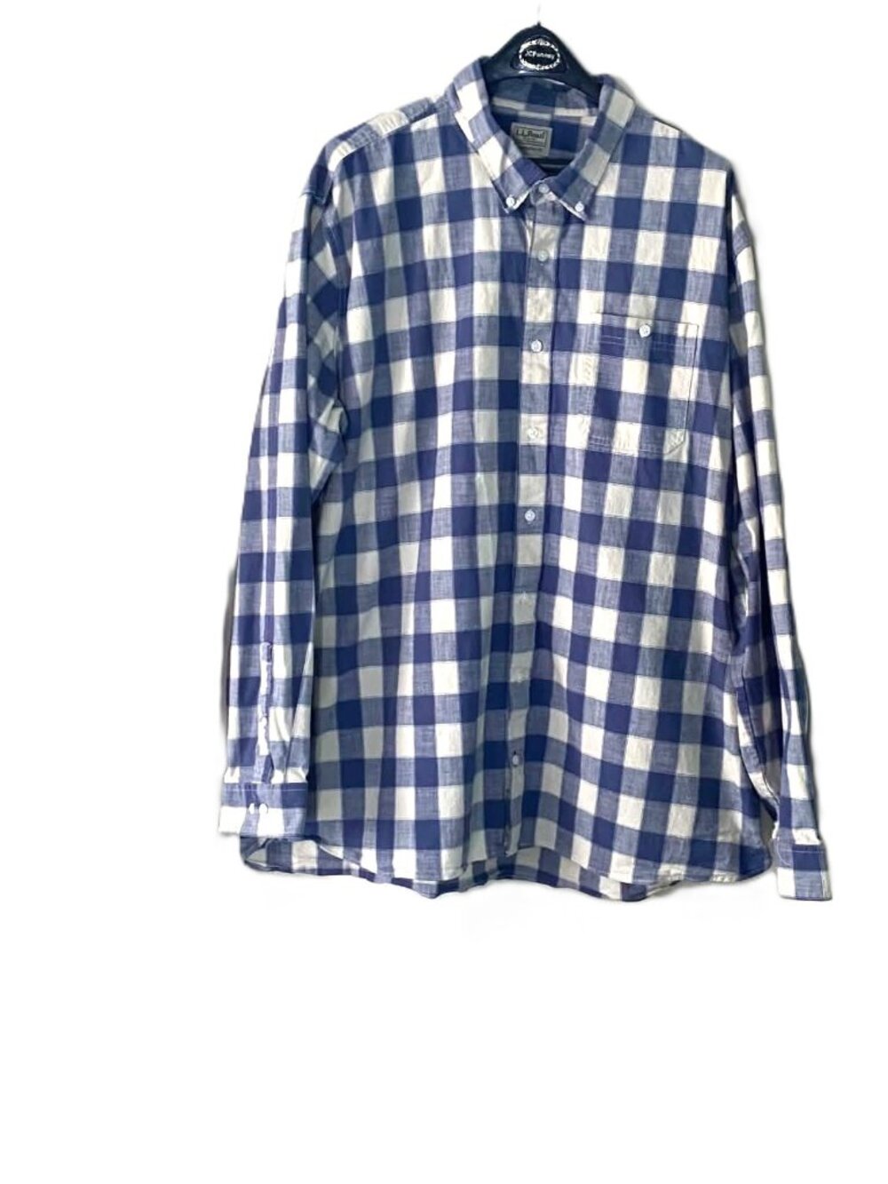 L.L. Bean Men’s XXL Tall Plaid Button-Down Shirt Navy Blue Cotton Stretch